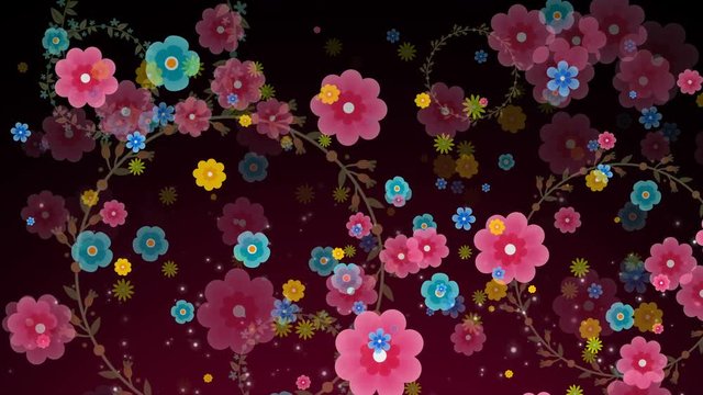 Seamless animation of colorful flower motion graphic with flower garland ring background pattern texture in 4k loop 
