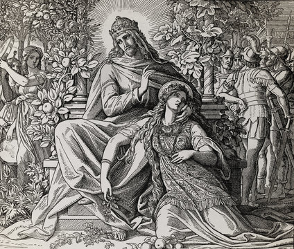 King Solomon and his love, Song of Solomon, graphic collage from engraving of Nazareene School, published in The Holy Bible, St.Vojtech Publishing, Trnava, Slovakia, 1937.