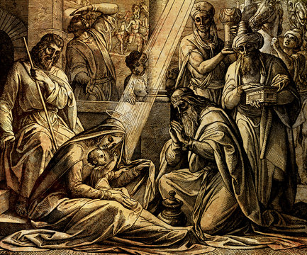 The newborn Jesus with mother Mary and three wise men, graphic collage from engraving of Nazareene School, published in The Holy Bible, St.Vojtech Publishing, Trnava, Slovakia, 1937.
