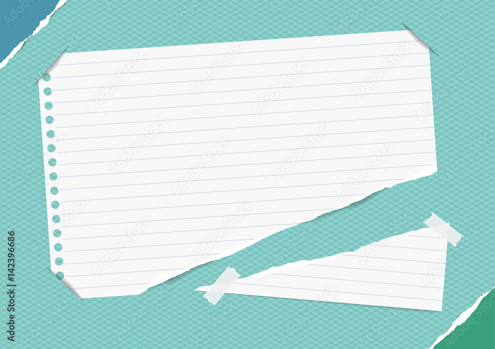 Poster torn ruled note, copybook, notebook sheet inserted into blue squared background with ripped paper in