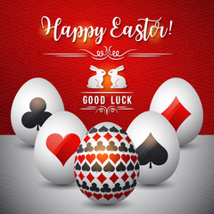 Easter greetings card with red and black symbols over white eggs, vector illustration.