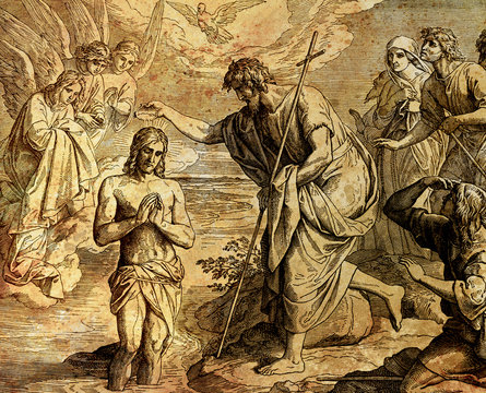 Baptism of Jesus Christ by John the Baptist, graphic collage from engraving of Nazareene School, published in The Holy Bible, St.Vojtech Publishing, Trnava, Slovakia, 1937.