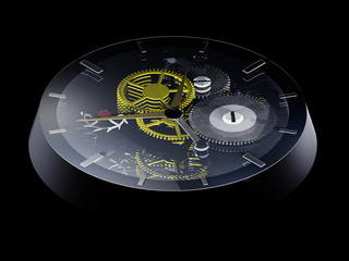 3D Computer Rendering eines Uhrwerks mit Zeigern und Zahnrädern