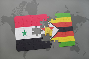 puzzle with the national flag of syria and zimbabwe on a world map