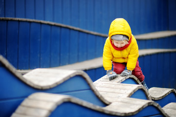 Happy little boy having fun on outdoor playground