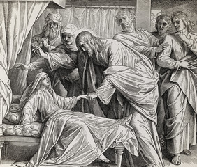 Jesus heals Jairus´ daughter, graphic collage from engraving of Nazareene School, published in The Holy Bible, St.Vojtech Publishing, Trnava, Slovakia, 1937.