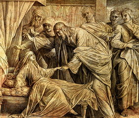 Jesus heals Jairus´ daughter, graphic collage from engraving of Nazareene School, published in The Holy Bible, St.Vojtech Publishing, Trnava, Slovakia, 1937.