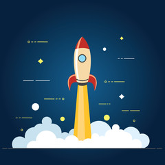 Naklejka na ściany i meble Successful startup business concept. Vector illustration with rocket launch and laptop on the background.