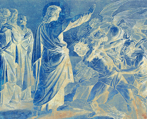 Jesus restores possesed man, graphic collage from engraving of Nazareene School, published in The Holy Bible, St.Vojtech Publishing, Trnava, Slovakia, 1937.
