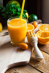 Freshly pressed citrus fruit juice from oranges lemons limes cumquat, glass, reamer, mint on table by window