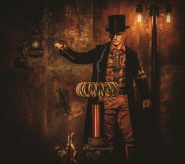 Steampunk man with Tesla coil on vintage steampunk background