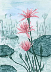 Fantasy red flowers over water surface with leaves and plants