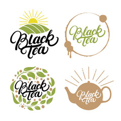 Set of Black Tea hand written lettering logos, labels, badge, emblem.