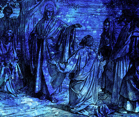Naklejka premium Jesus feeds the crowd with bread and fish, graphic collage from engraving of Nazareene School, published in The Holy Bible, St.Vojtech Publishing, Trnava, Slovakia, 1937.