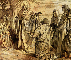 Naklejka premium Jesus feeds the crowd with bread and fish, graphic collage from engraving of Nazareene School, published in The Holy Bible, St.Vojtech Publishing, Trnava, Slovakia, 1937.
