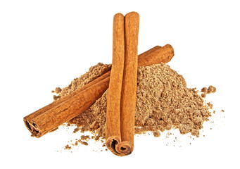 Cinnamon sticks with powder isolated on white background
