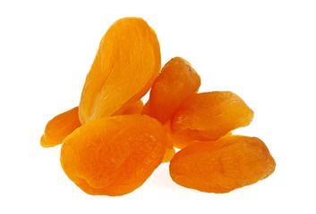Heap of dried apricots on a white background