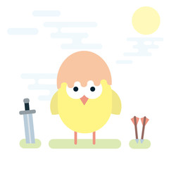 Flat illustration of chicken knight with sword and arrows.