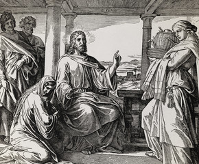 Fototapeta premium Jesus in the home of Martha and Mary, graphic collage from engraving of Nazareene School, published in The Holy Bible, St.Vojtech Publishing, Trnava, Slovakia, 1937.