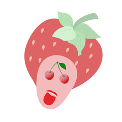 Berries. The head of a girl. Hair - strawberry. Eyes - cherries. Printing and badge applique label for t-shirts, clothing.