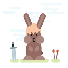 Flat illustration of bunny knight with sword and arrows.