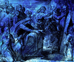 Resurrection of Lazarus, graphic collage from engraving of Nazareene School, published in The Holy Bible, St.Vojtech Publishing, Trnava, Slovakia, 1937.