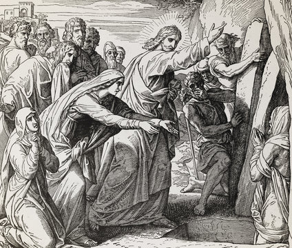 Resurrection of Lazarus, graphic collage from engraving of Nazareene School, published in The Holy Bible, St.Vojtech Publishing, Trnava, Slovakia, 1937.