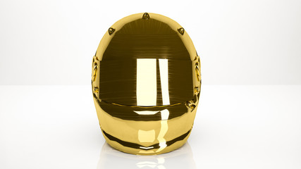 golden 3d rendering of a helmet inside a studio