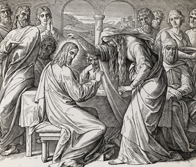 Woman at Bethany anoints Jesus with expensive perfumed oil, graphic collage from engraving of Nazareene School, published in The Holy Bible, St.Vojtech Publishing, Trnava, Slovakia, 1937.