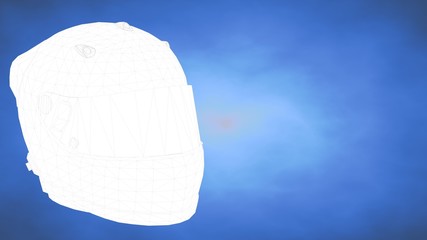 outlined 3d rendering of a helmet inside a blue studio