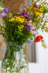 Beautiful bouquet of wildflowers in a glass vase. On a background of white window sill