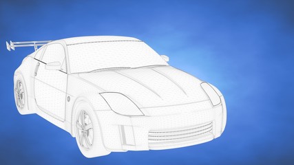 outlined 3d rendering of a sport car inside a blue studio