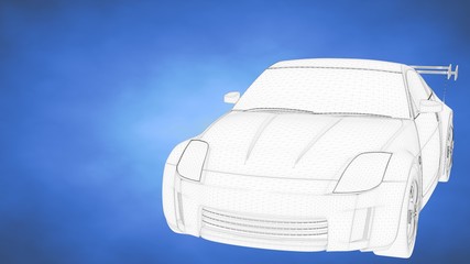 outlined 3d rendering of a sport car inside a blue studio