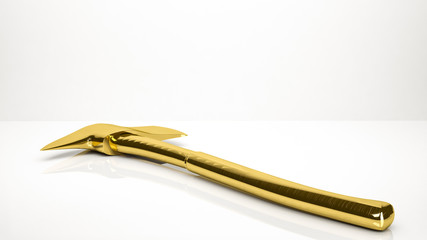 golden 3d rendering of an axe inside a studio