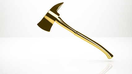 golden 3d rendering of an axe inside a studio