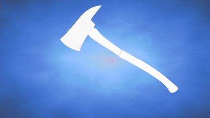 outlined 3d rendering of an axe inside a blue studio