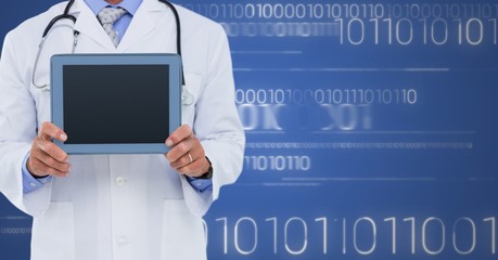 Doctor with tablet against white binary code and blue background