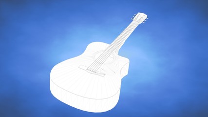 outlined 3d rendering of a guitar inside a blue studio