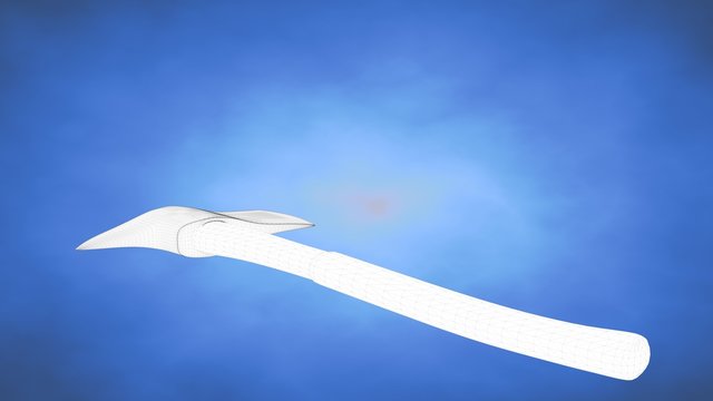 outlined 3d rendering of an axe inside a blue studio
