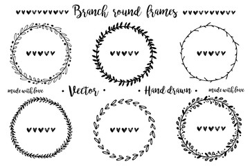 Round frames made of branches. Hand drawn vector botanical frames.