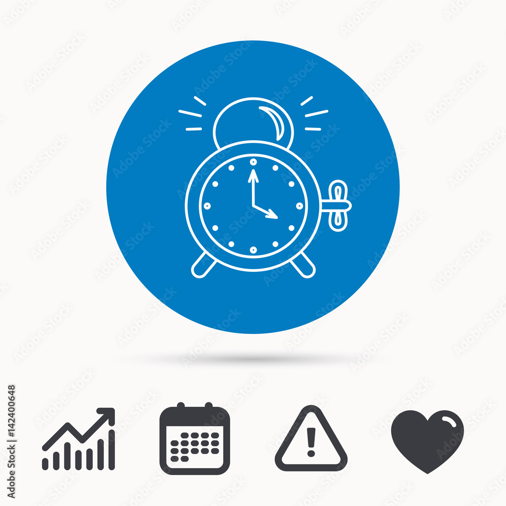 Poster alarm clock icon. mechanical retro time sign. watch with bell symbol. calendar, attention sign and g
