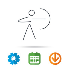 Archery sport icon. Archer with longbow sign. Aiming or targeting symbol. Calendar, cogwheel and download arrow signs. Colored flat web icons. Vector