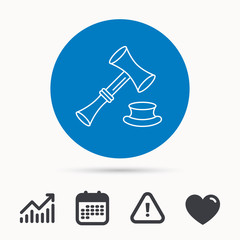 Auction hammer icon. Justice and law sign. Calendar, attention sign and growth chart. Button with web icon. Vector