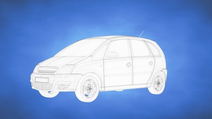outlined 3d rendering of a car inside a blue studio