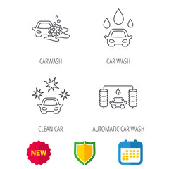 Car wash icons. Automatic cleaning station linear signs. Clean car, automatic carwash flat line icons. Shield protection, calendar and new tag web icons. Vector