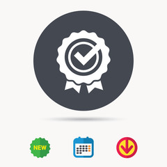 Award medal icon. Winner emblem with tick symbol. Calendar, download arrow and new tag signs. Colored flat web icons. Vector