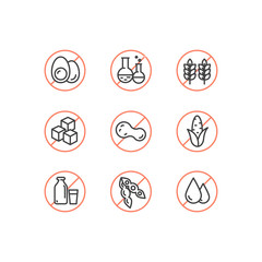 Isolated Vector Style Illustration Logo Set Badge Ingredient Warning Label Icons. Allergens Gluten, Lactose, Soy, Corn, Diary, Milk, Sugar, Trans Fat. Vegetarian and Organic symbols. Food Intolerance