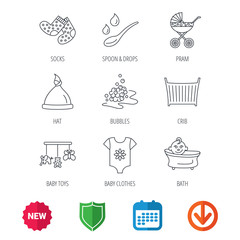 Baby clothes, bath and hat icons. Pram carriage, spoon with drops linear signs. Socks, baby toys and bubbles flat line icons. New tag, shield and calendar web icons. Download arrow. Vector