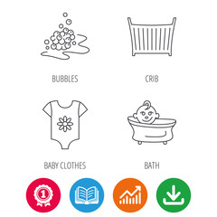 Baby clothes, bath and crib icons. Bath bubbles linear sign. Award medal, growth chart and opened book web icons. Download arrow. Vector