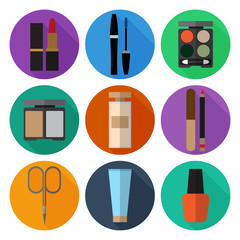 Set of simple cosmetic flat icons on color circles